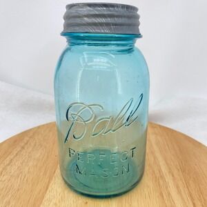 Ball Blue Aqua Mason Quart Jar with Zinc Lid Perfect Mason Vintage USA Blue